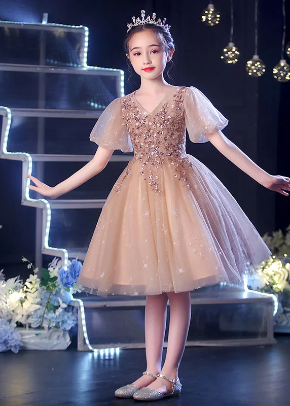 Chic Trends For The Fashion Savvy Chic Champagne Puff Sleeve Sequins Tulle Kids Girls Dress Summer