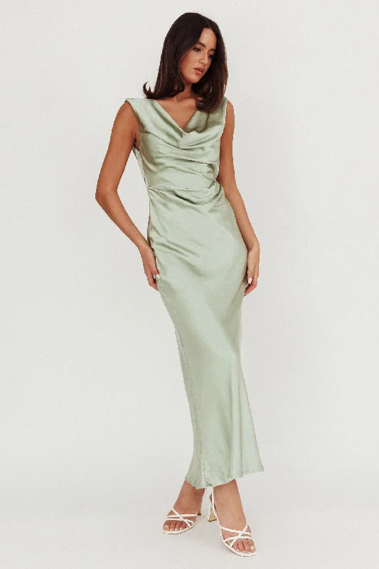 Outfits Ideas Chills Cowl Neck Satin Maxi Dress Sage