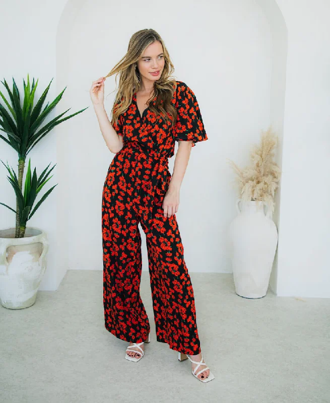 Casual Fashion for Women Red Floral Flutter Sleeve Jumpsuit