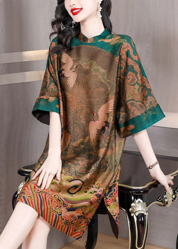 Unleash Your Trendy Side Women Green Oversized Print Silk Chinese Style Dress Half Sleeve