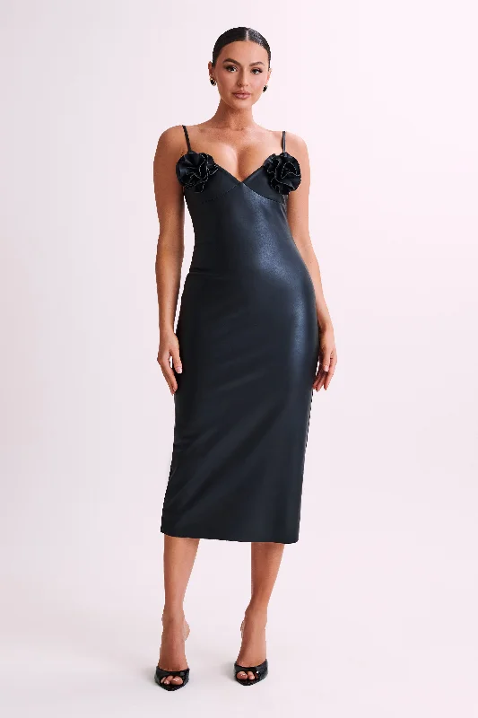 Limited Stock, Big Sale Mariam Faux Leather Rose Midi Dress - Black