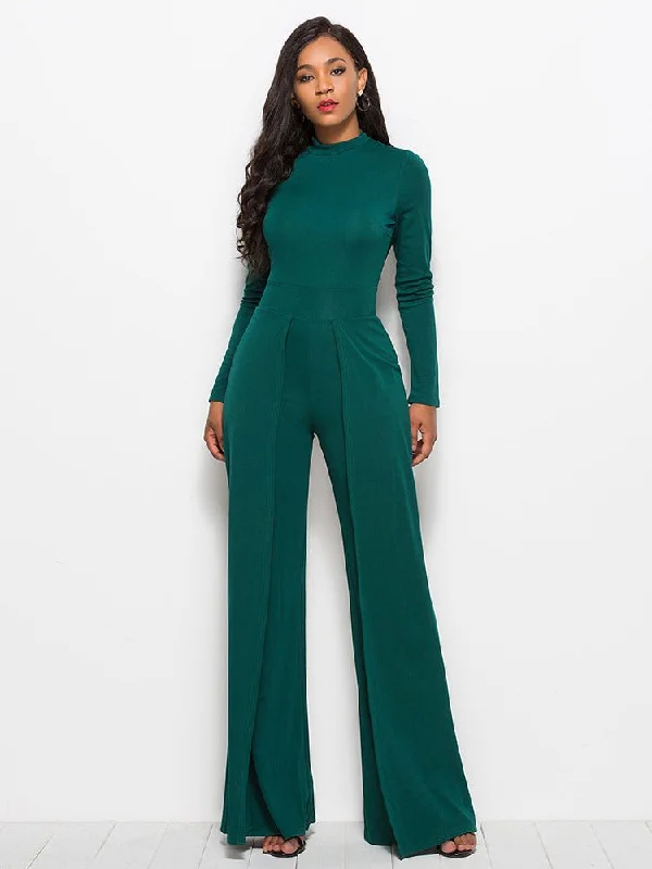 Edgy Fashion Long Sleeve Mock Neck Wide Leg Jumpsuit