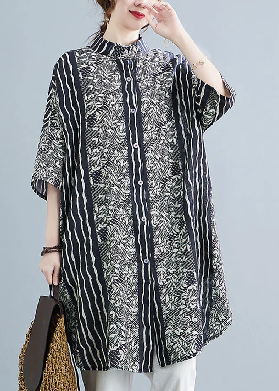 Workwear Fashion for Women Plus Size Black Stand Collar Print Linen Shirt Dress Summer