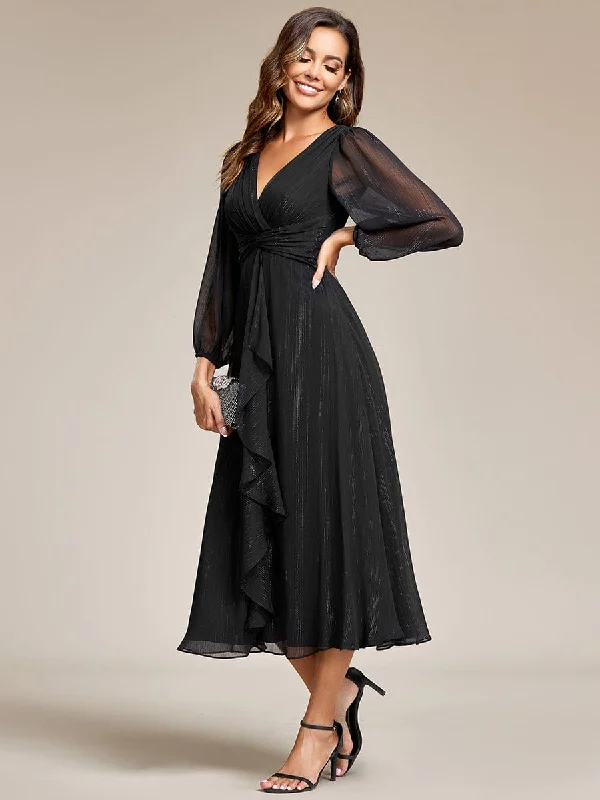 Unique Women's Fashion Pieces See-Through Long Sleeve Twist Knot A-Line Lotus Leaf Shimmering Evening Dress