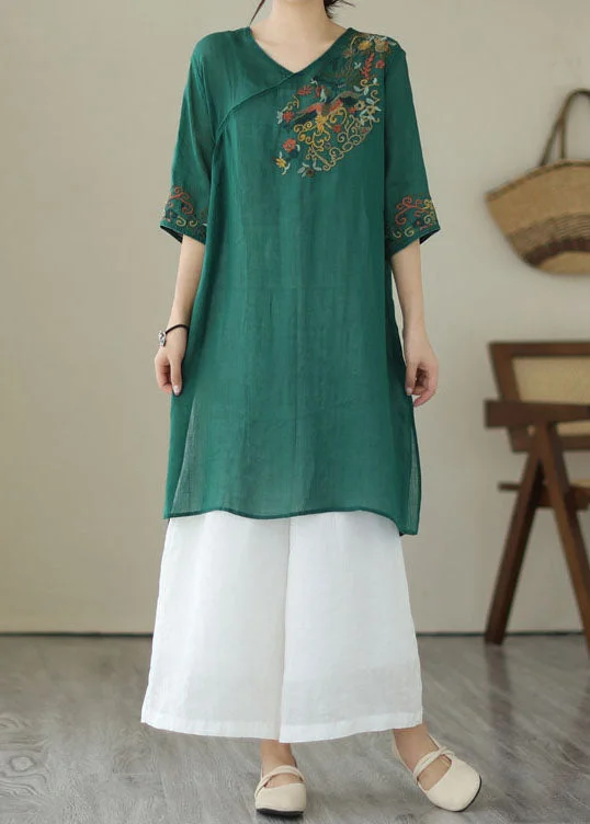 Timeless Classics Retro Green Embroideried Patchwork Linen Mid Dresses Summer