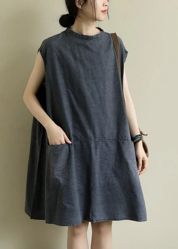 Limited Stock, Big Discounts Boutique Grey Stand Collar Patchwork Solid Mid Dress Summer