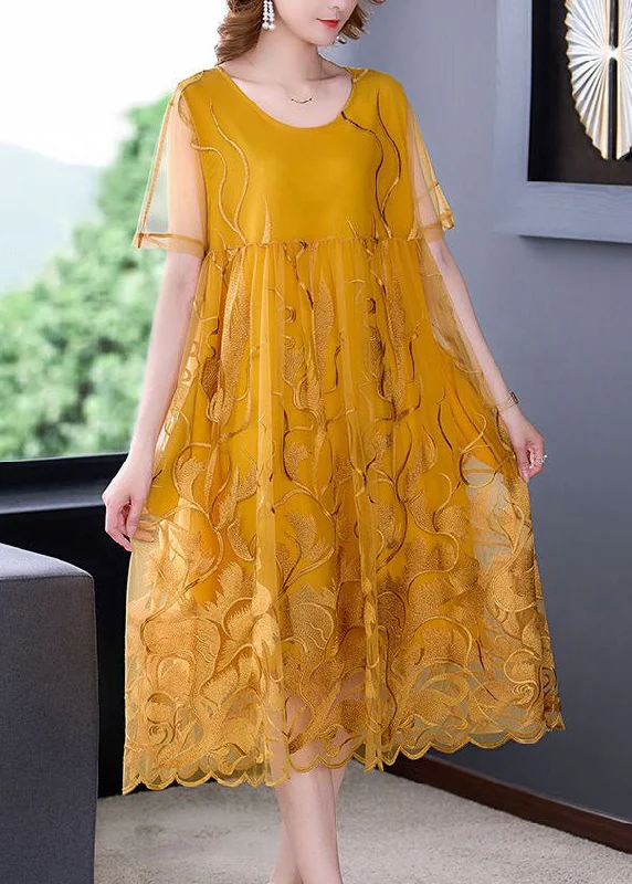 Luxury Women's Clothing Boho Yellow Embroideried Hollow Out Tulle Dress Summer