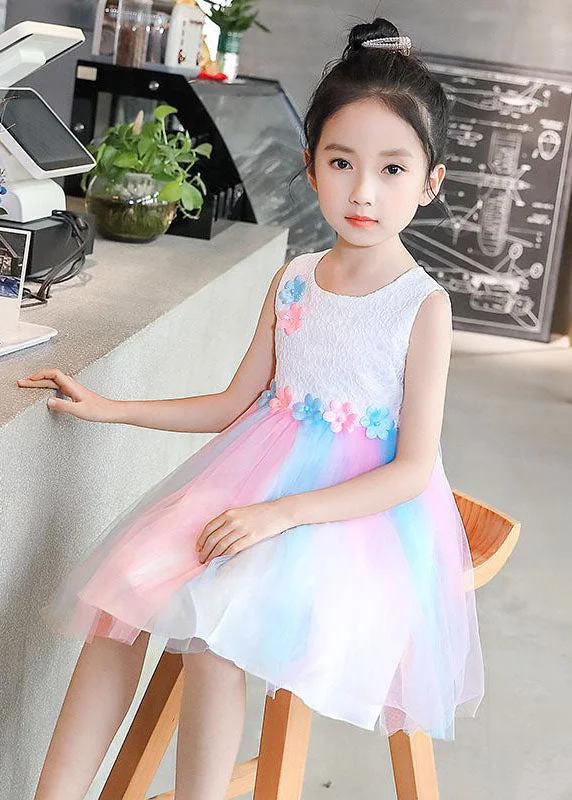 Fashion Sale Sweet White Floral Wrinkled Patchwork Tulle Baby Girls Princess Dress Sleeveless