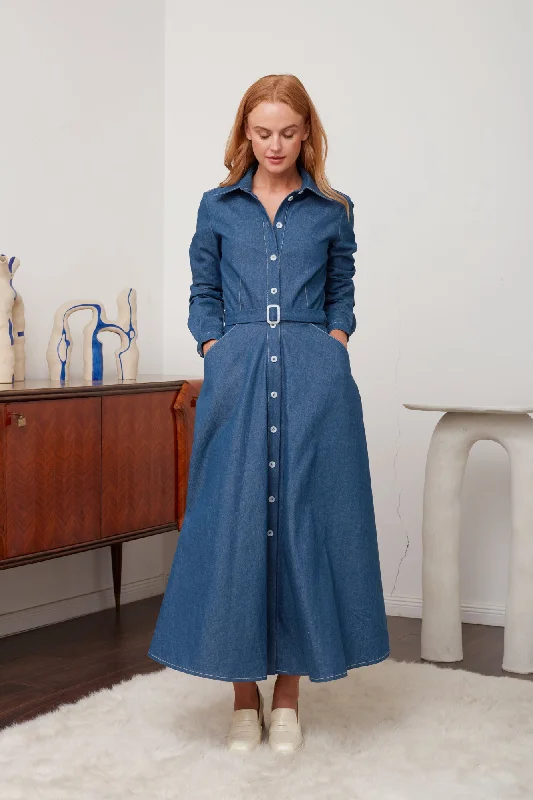 Trendy Street Style Attire ESTI blue denim midi shirt dress