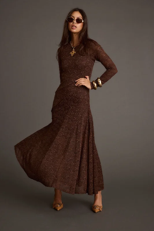 Woman Clothing Tierra Brown Lace Long Sleeve Maxi Dress