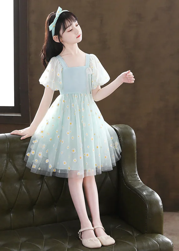 Fashionable Women's Wardrobe Stylish Green Puff Sleeve Daisy Tulle Kids Girls Mid Dress Summer