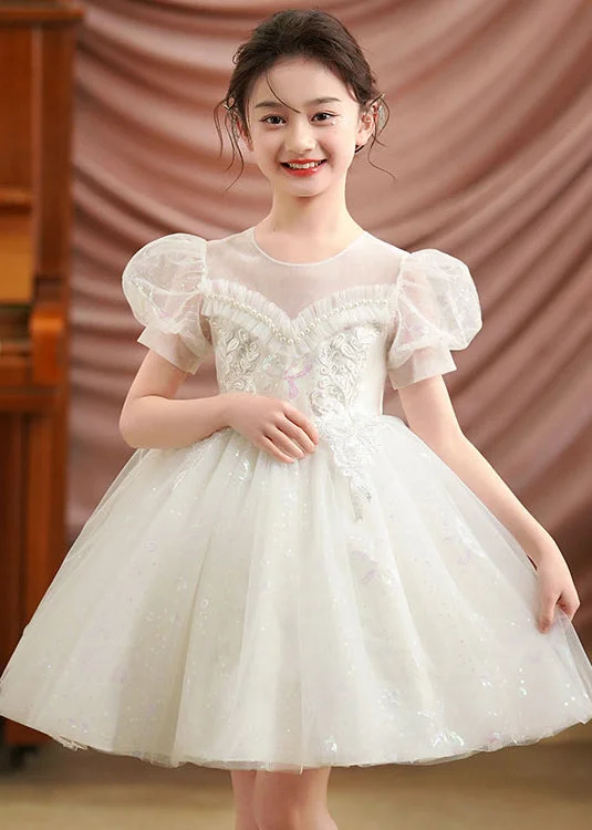 Women's Street Style Casual Wear White Embroideried Tulle Baby Girls Party Dress Puff Sleeve Summer