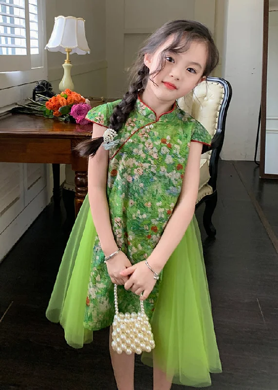 Limited Edition Chinese Style Green Mandarin Collar Patchwork Tulle Chiffon Kids Girls Mid Dress Summer