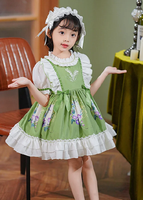 Seasonal Sale Art Green Ruffled Patchwork Bow Cotton Baby Girls Maxi Dresses Summer