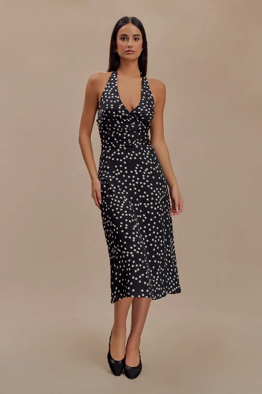 The Epitome Of Modern Women's Fashion Marguerite Satin Halter Midi Dress - Black Polka Dot Print