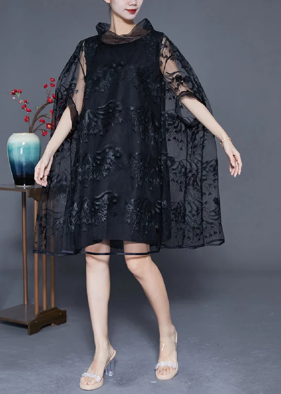 Hot Picks Elegant Black High Neck Embroideried Hollow Out Tulle Dress Cloak Sleeves