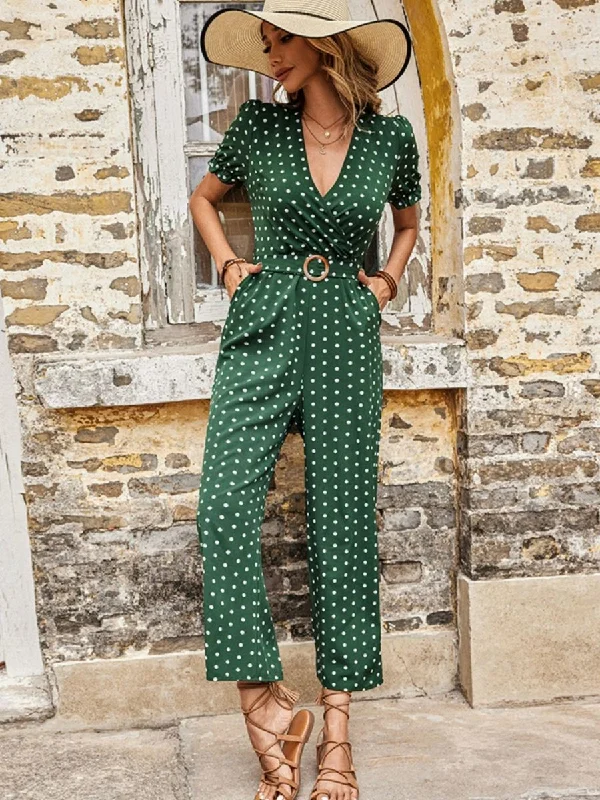 Trendy Street Style Clothing Polka Dot Belted Flounce Sleeve Jumpsuit with Pockets