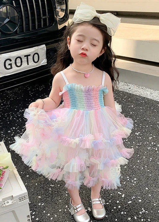 Women's Clothes Elegant Rainbow Ruffled Exra Large Hem Tulle Kids Girls Spaghetti Strap Dress Summer