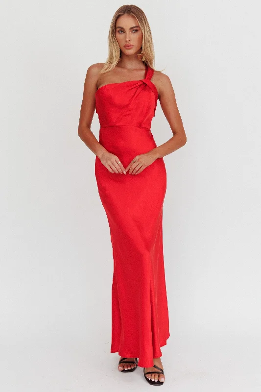 Contemporary Women's Clothing Fly Love Satin One Shoulder Maxi Dress Red