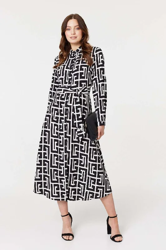 Women's Evening Wear Printed Tie Waist Midi Shirt Dress