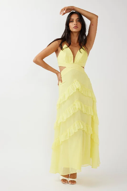 Early Bird Offer Joss Ruffle Trim Cut-Out Dress Yellow