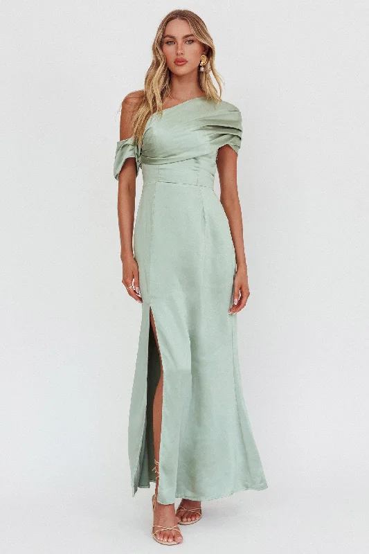 Fashion Forward Femininity Bellissima Asymmetric Shoulder Maxi Dress Sage