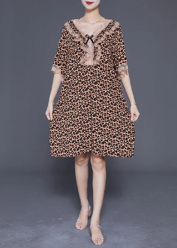 Chic And Trendy Chic Leopard V Neck Patchwork Lace Cotton Mid Dress Summer