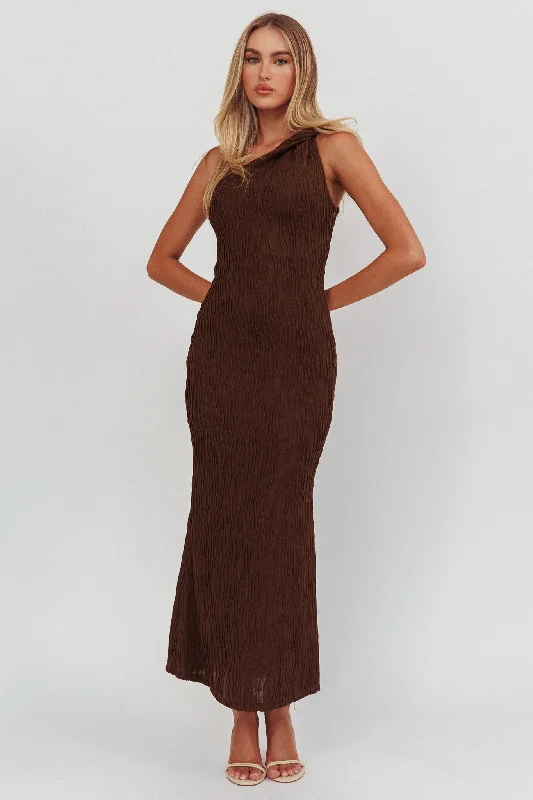 Chic Women's Clothing Online Lingering Love One-Shoulder Twist Maxi Dress Chocolate