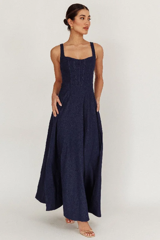 Stylish Everyday Clothing Talissa A-Line Maxi Denim Dress Indigo