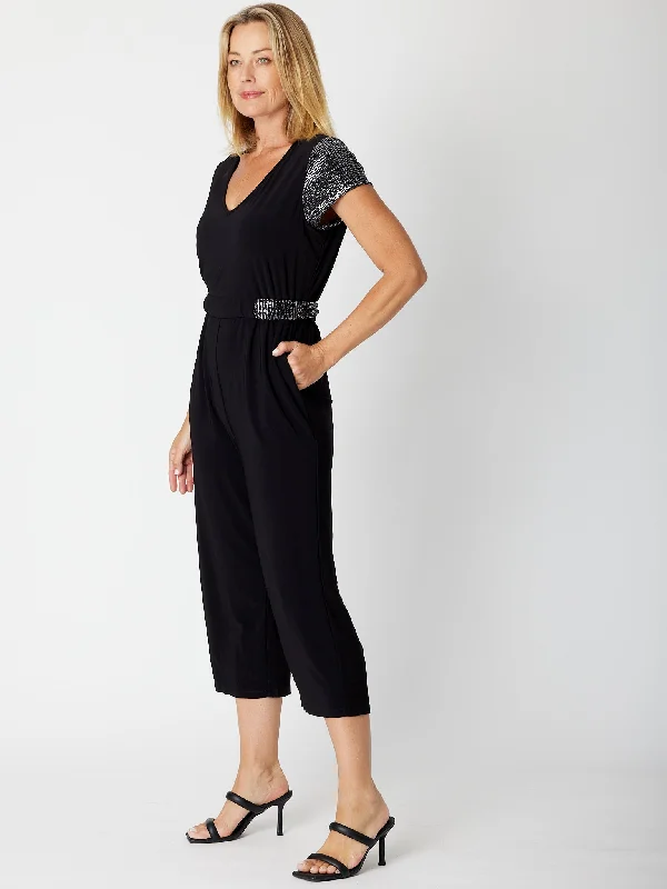 Bold and Elegant Women's Fashion Sequin Jersey Jumpsuit - Black/ Silver 30184