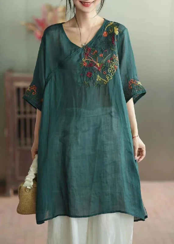 Best Online Boutiques For Women Green Patchwork Linen Mid Dress V Neck Embroideried Summer