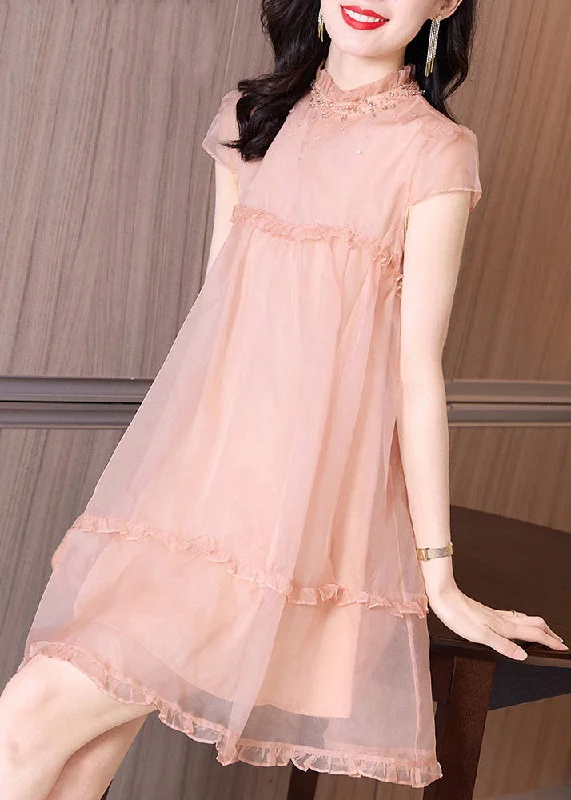 Chic And Comfortable Novelty Pink Ruffled Patchwork Nail bead Tulle Mid Dress Summer