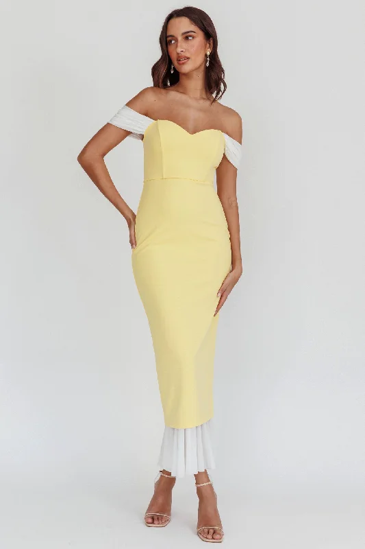 Comfortable Chic Freesia Off Shoulder Bodycon Midi Dress Lemon