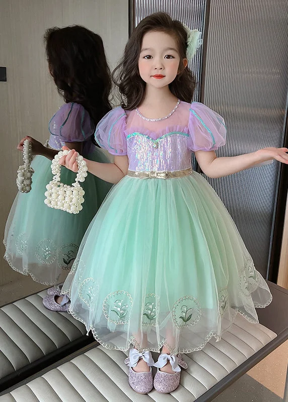 Day To Night Styles Unique Colorblock Embroideried Patchwork Tulle Kids Girls Long Dresses Summer