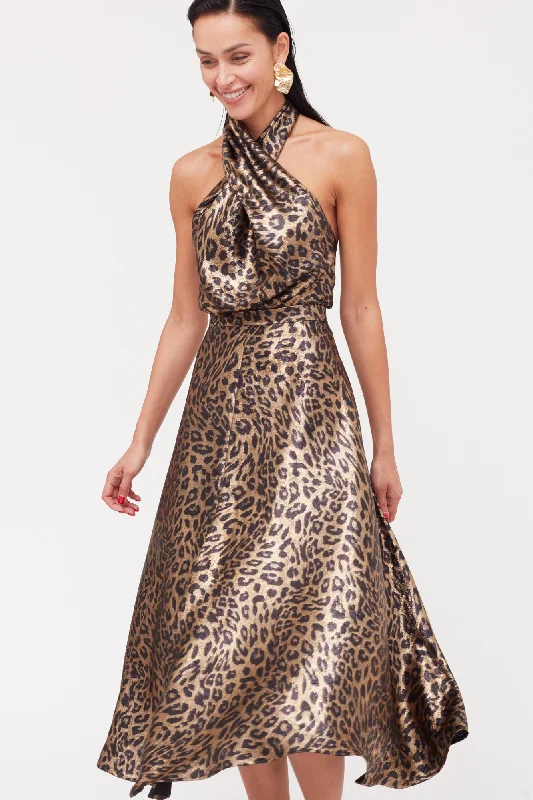 Wardrobe Refresh HEIDI Black Bronze Leopard Print Midi Dress