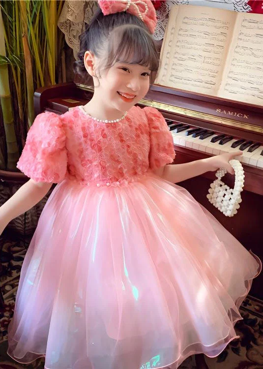 Chic Trend Collection Stylish Pink O-Neck Nail Bead Patchwork Tulle Baby Girls Dresses Summer