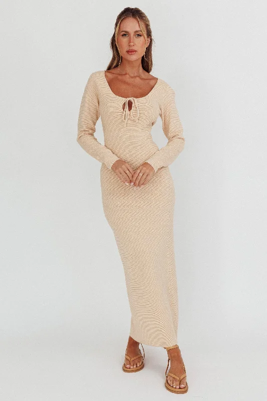 Chic Casual Wardrobe Essentials Merine Long Sleeve Knit Maxi Dress Sand