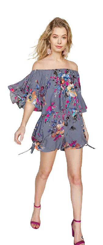 Wardrobe Refresh Floral Off Shoulder Romper, Grey Pink