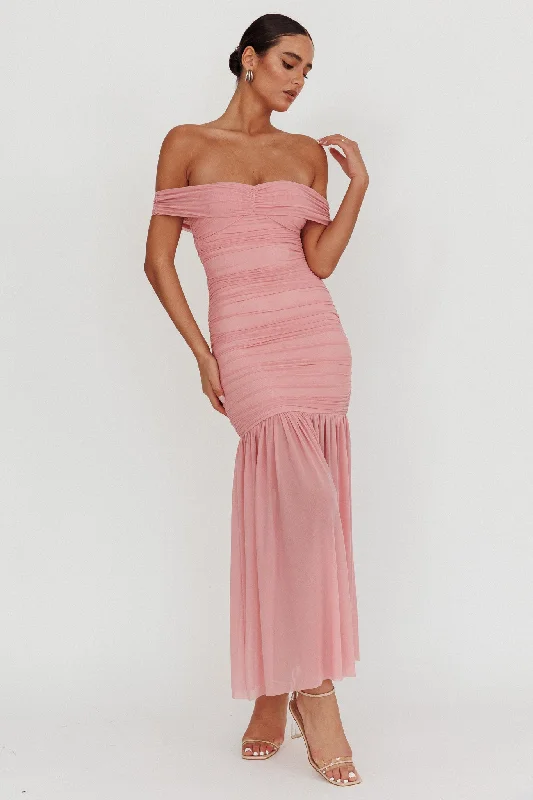 Hot Brand Discounts La Salle Off Shoulder Mesh Maxi Dress Pink