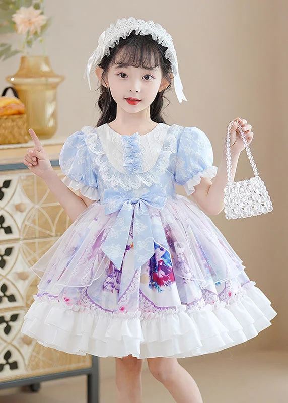 Chic Outfits DIY Blue O-Neck Print Patchwork Bow Tulle Girls Mid Dress Puff Sleeve