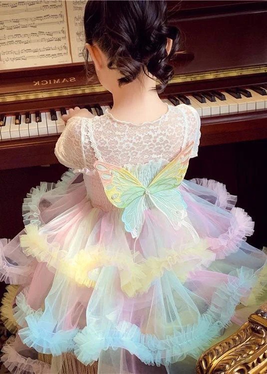 Comfort Centric Apparel Boutique Rainbow Ruffled Butterfly Patchwork Tulle Kids Girls Dresses Sleeveless