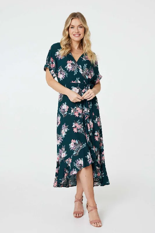 Redefining Women's Style Floral Frill Hem Midi Wrap Dress