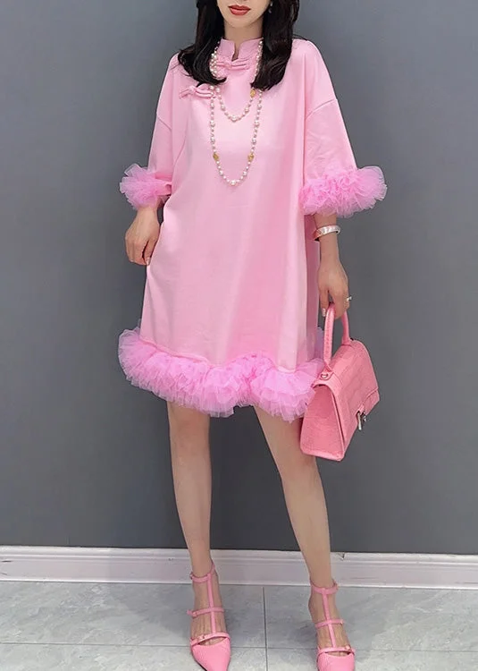 Holiday Glam Fashion Pink Tulle Patchwork Solid Mid Dresses Summer