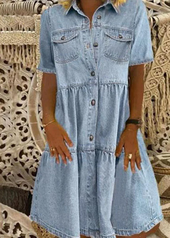 Relaxed Style Style Light Blue Peter Pan Collar Wrinkled Patchwork Denim Mid Dress Summer