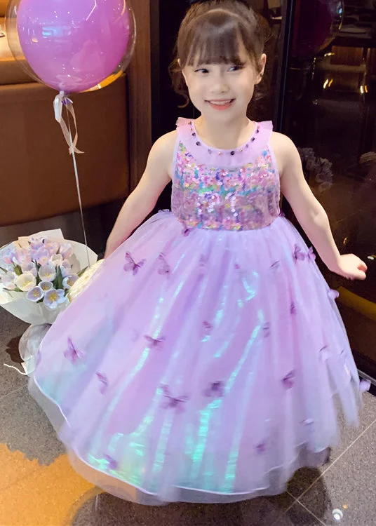 Women's Outerwear for All Weather Conditions Unique Purple Sequins Butterfly Tulle Kids Girls Robe Dresses Summer