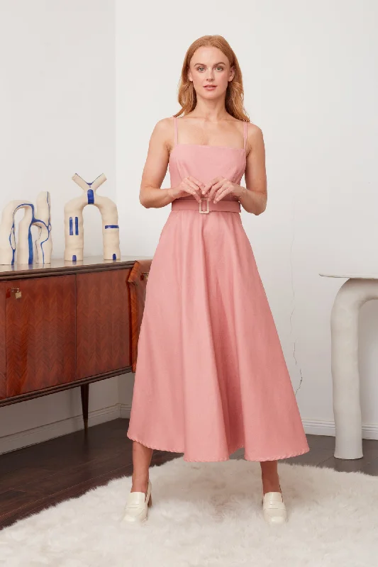 Fashionable Tops for Women MATISSA pastel pink denim open back midi dress with retro skirt