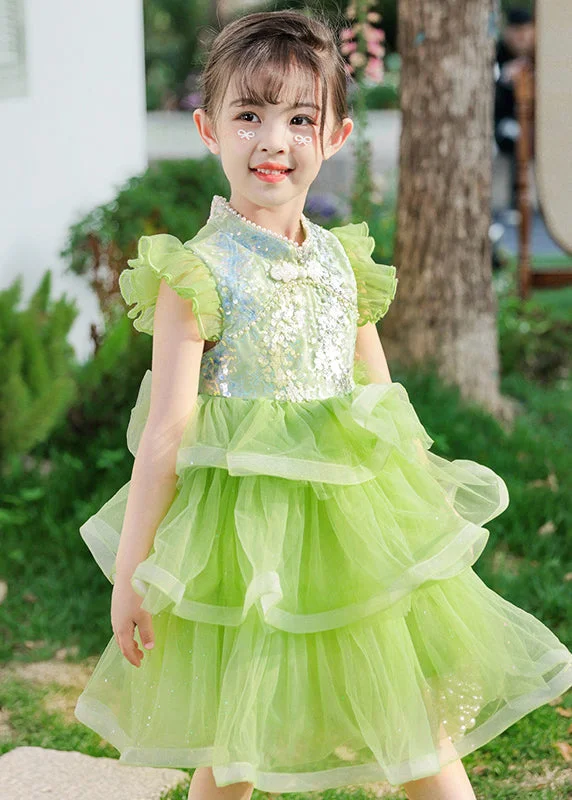 Stylish Savings Boho Green Sequins Chinese Button Tulle Kids Girls Dresses Butterfly Sleeve