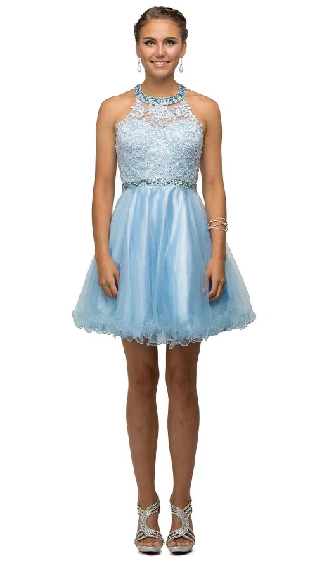 Evening Looks Dancing Queen - 9534 Bejeweled Collar Halter Lace A-Line Homecoming Dress