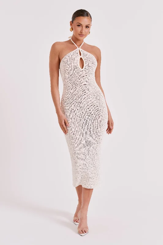 Fashionista Favorites Kahali Boucle Halter Midi Dress - Cream