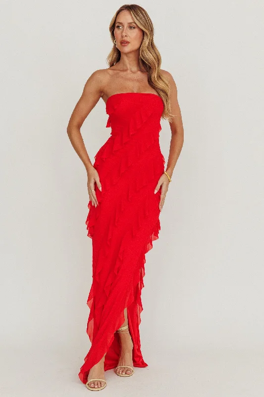 Trendy Women's Apparel Just Friends Strapless Ruffle Maxi Dress Red